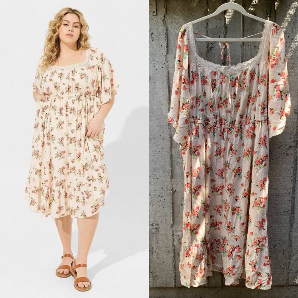 Torrid Midi Length Dress Women's Sz 4X Gauze Peasant Floral Cottagecore Prairie